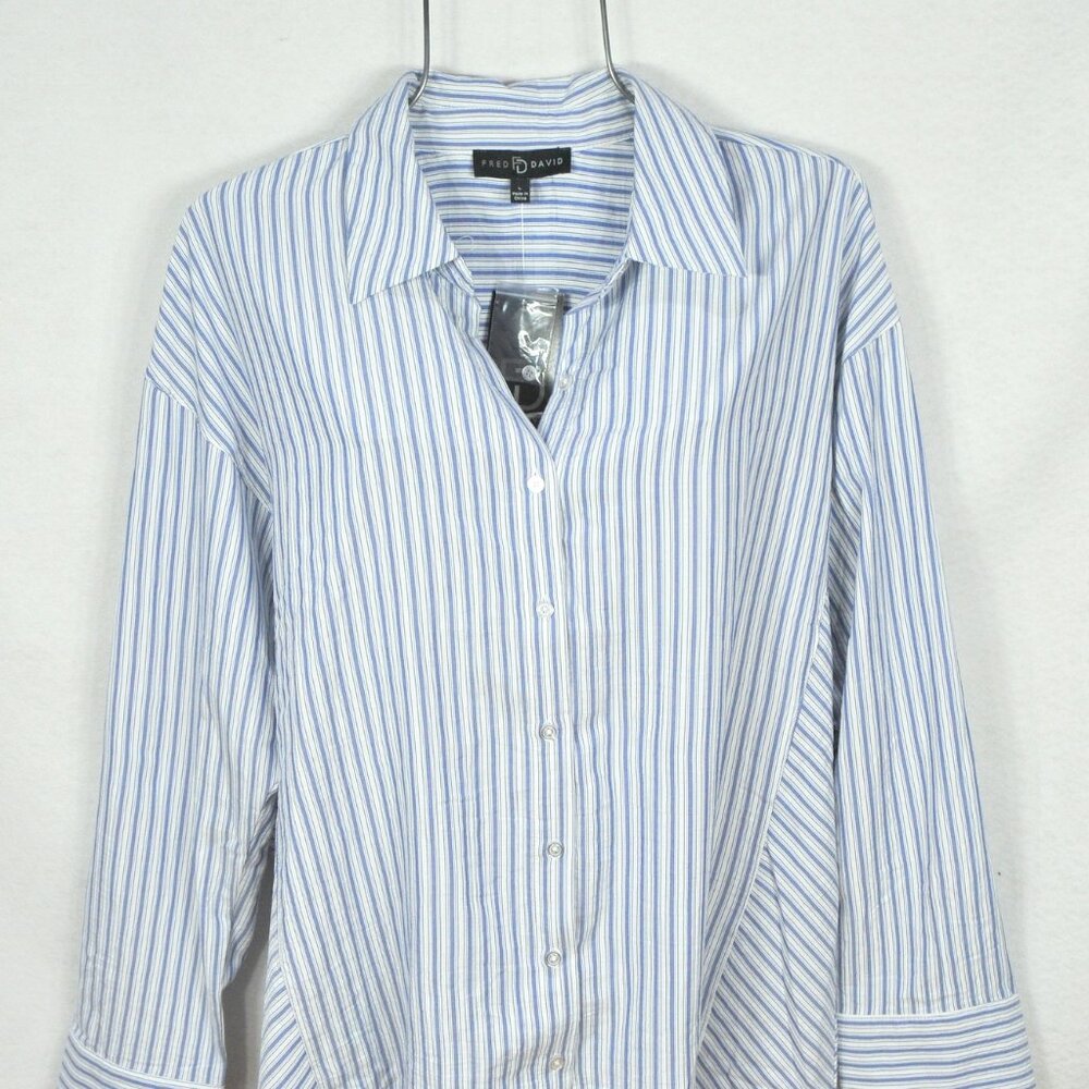 Fred David Women's Button Up Shirt L Blue Striped Long Sleeve Top Blouse